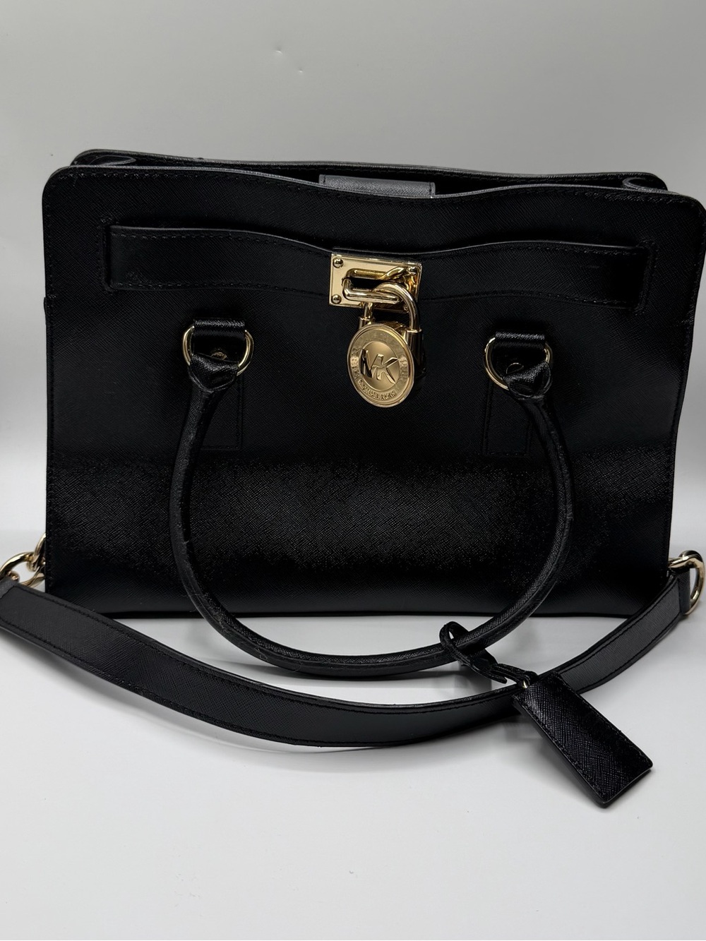 Michael Kors Black Leather Satchel with Gold Accent Lock